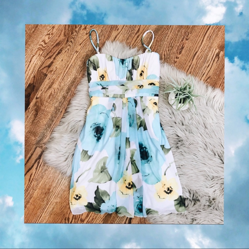 Floral Spaghetti Strap Midi Dress in Aqua & Yellow